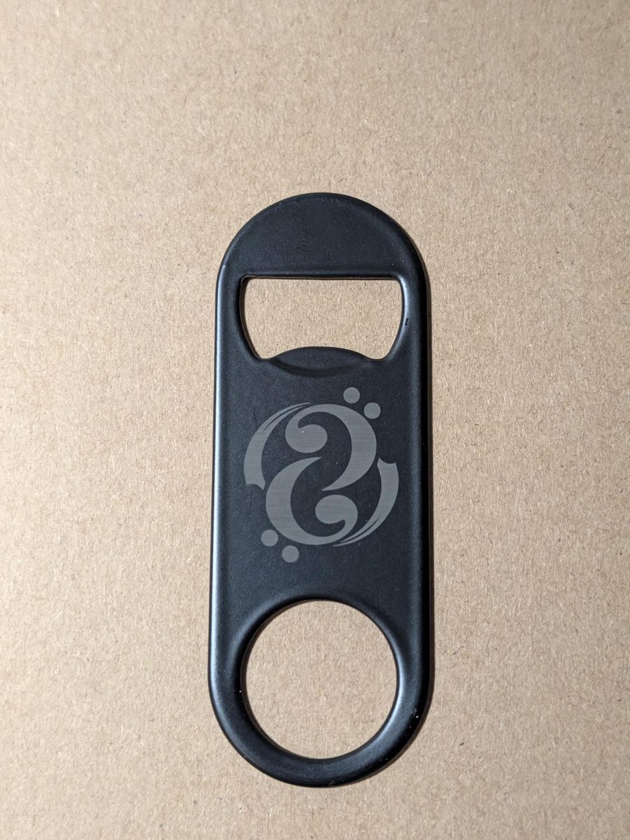 Black coated bottle opener with a laser engraved logo